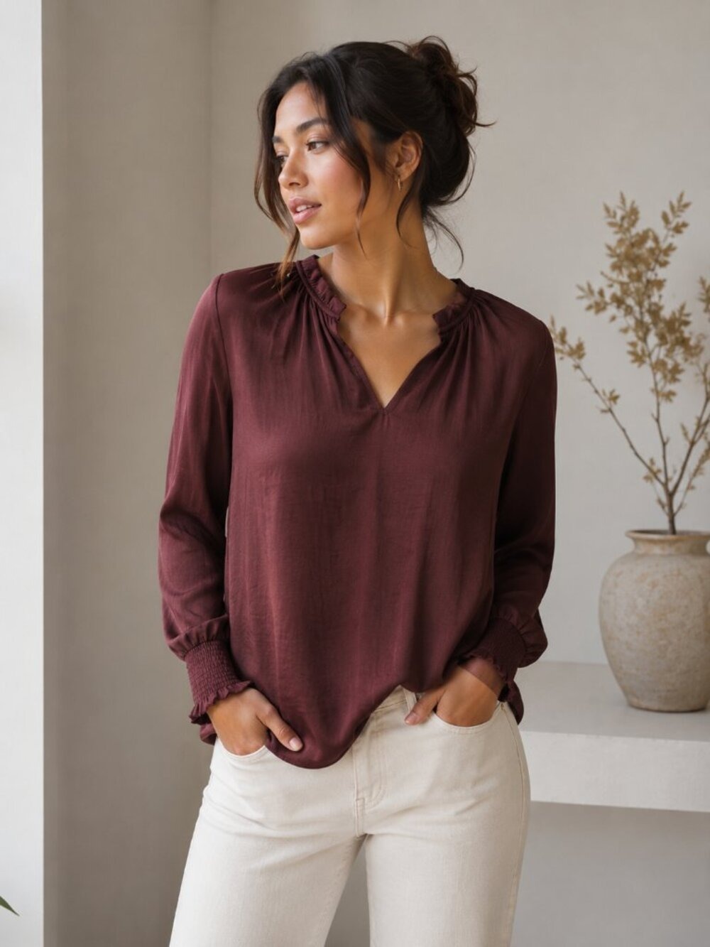 *Maison d'Amelie Rust Ruffle Neck Blouse Long Sleeve Hi Low Top M 0557